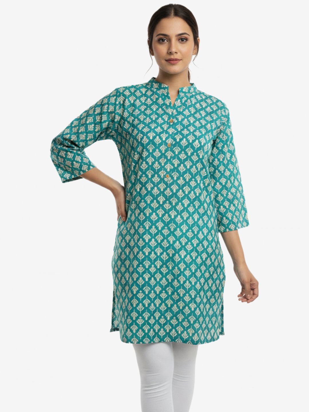 Teal Green Cotton Short Kurta for Women with Ethnic Print