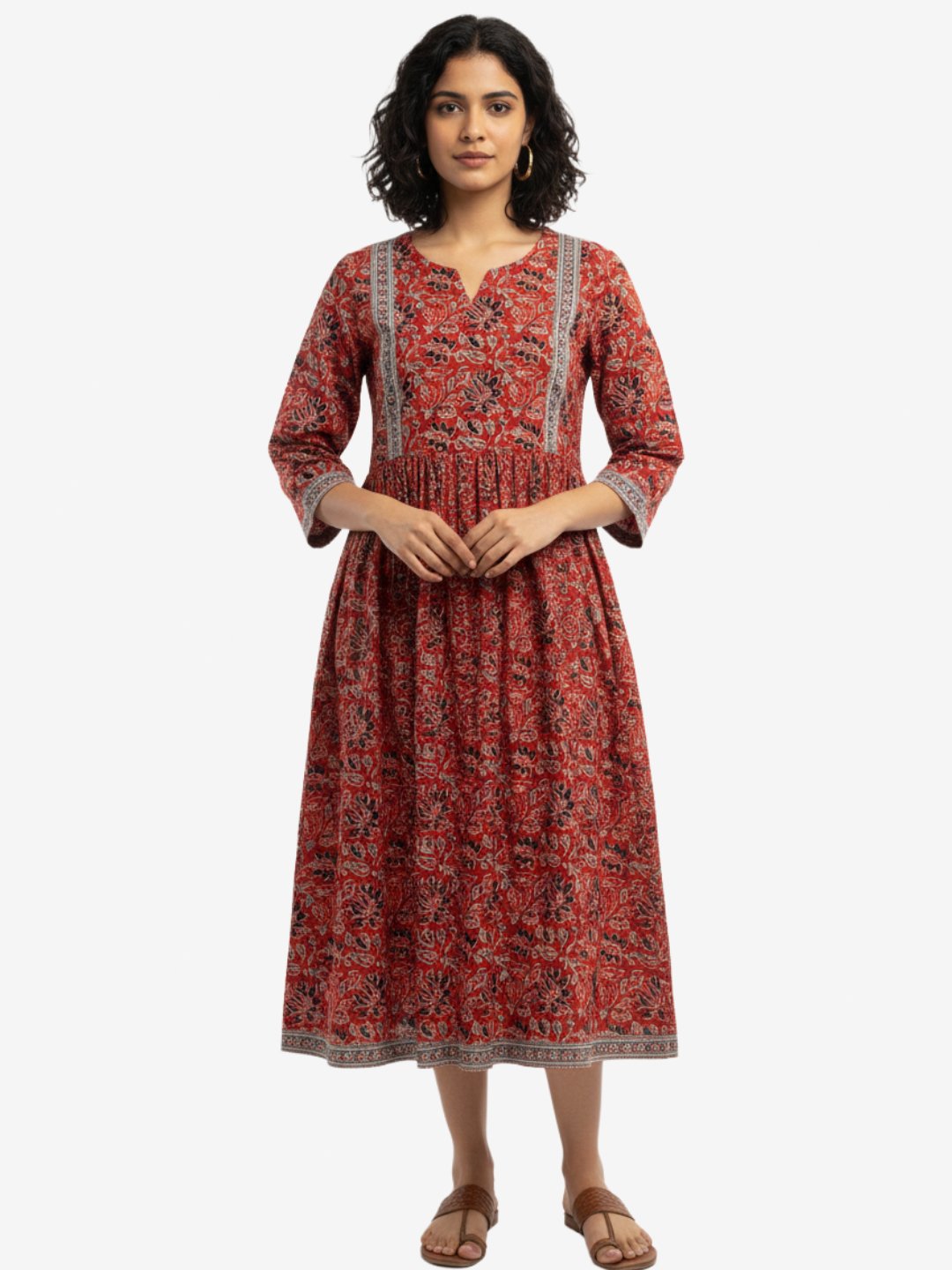 Women’s Red Printed Cotton Midi Dress with Flowy Fit