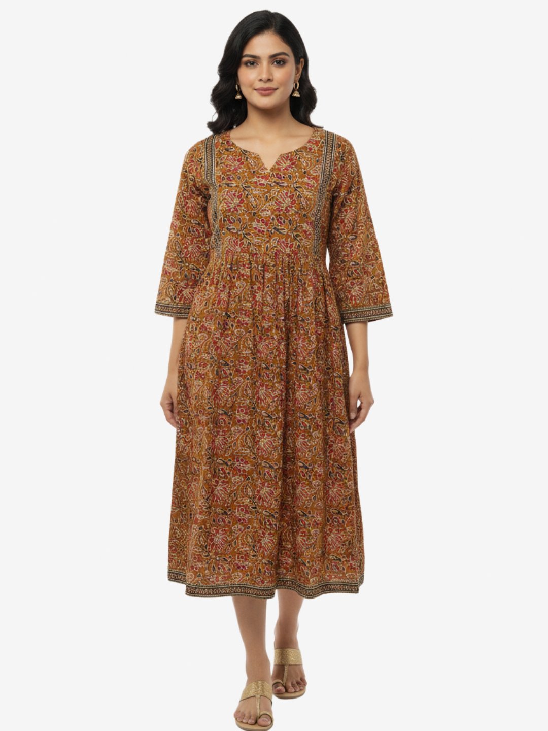 Women’s Mustard Printed Cotton Midi Dress with Flowy Fit