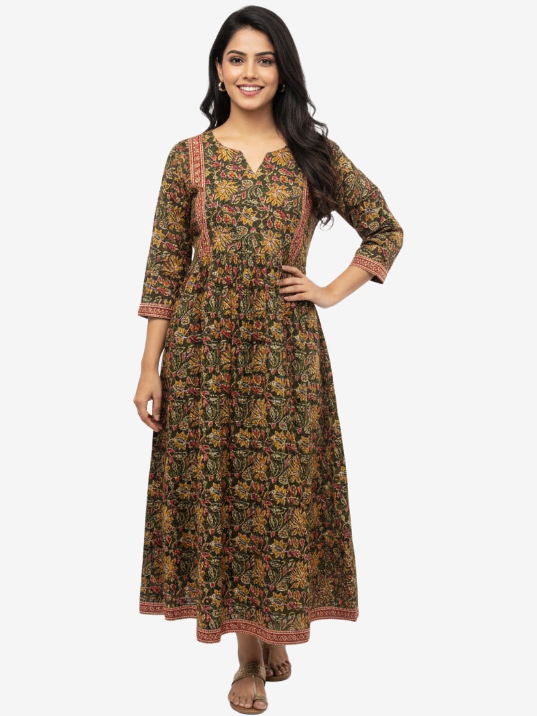 Women’s Dark Green Floral Printed Cotton Midi Dress with Flowy Fit