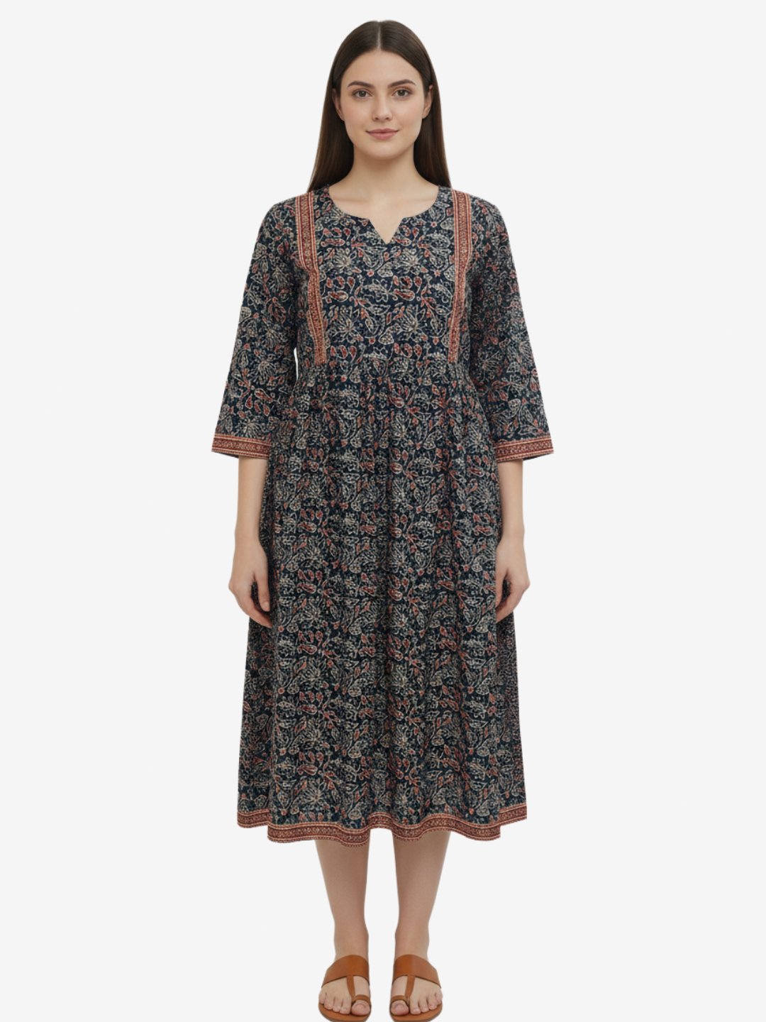 Women’s Navy Blue Floral Printed Cotton Midi Dress with Flowy Fit