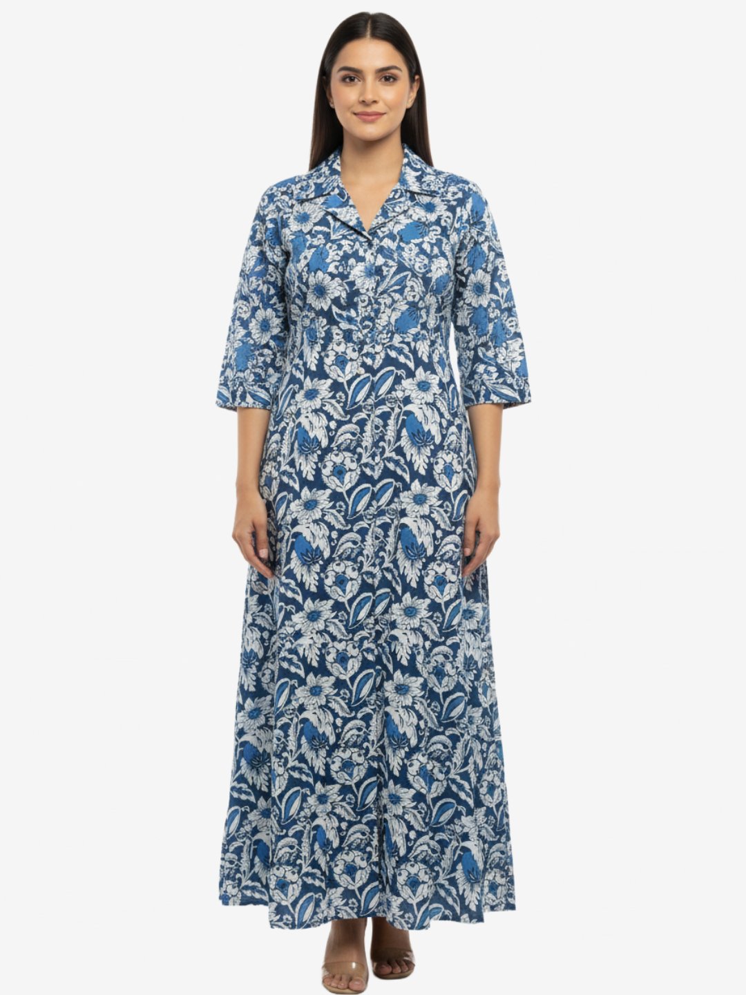 Women’s Blue Floral Cotton Printed Calf-Length Kurta